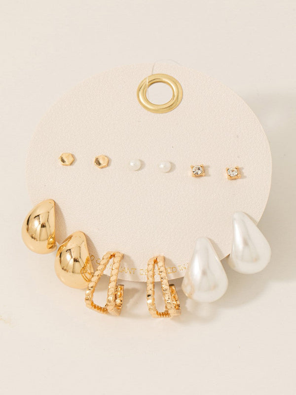 Assorted Rhinestone And Pearl Stud Earring Set - Gold
