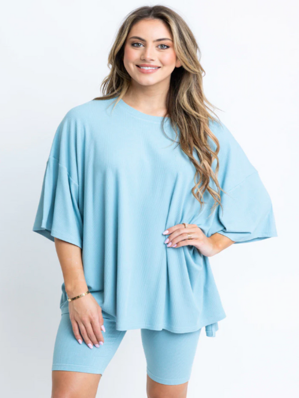 Karlie Solid Ribbed Crew Knit Tunic - Blue