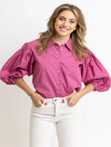 Karlie Solid Poplin Button Top - Raspberry