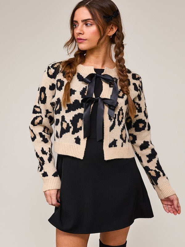 Bow Bliss Cardigan Sweater - Leopard