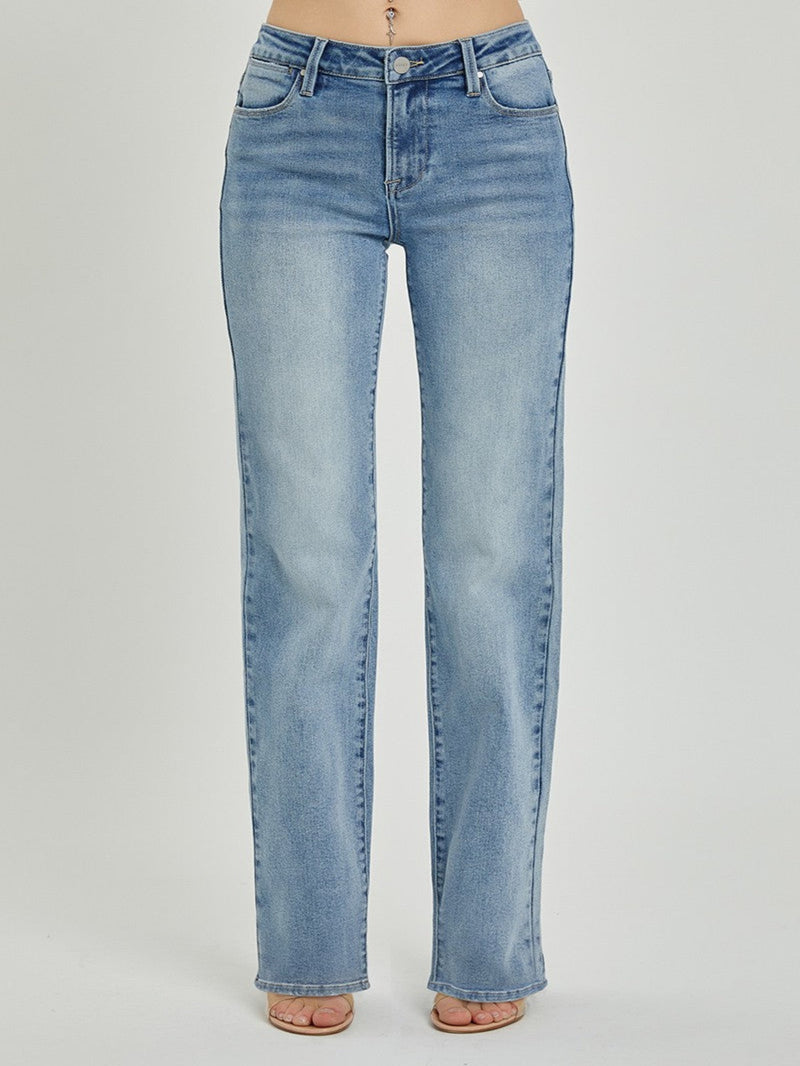 Risen Mid Rise Long Straight Jeans - Medium Wash