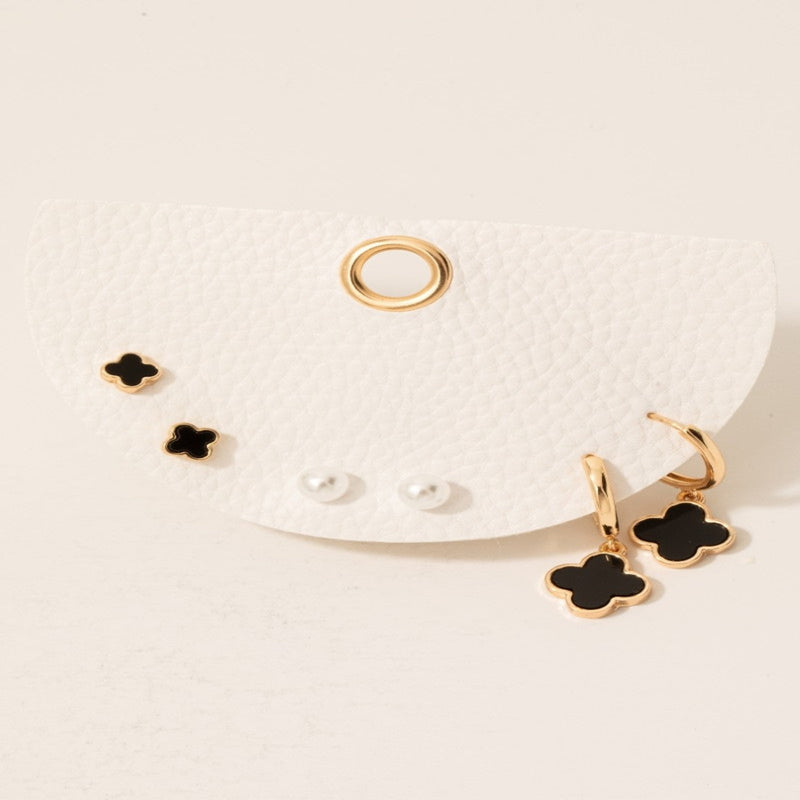 Half Display Pad Stud And Hoop Earrings Set - Gold