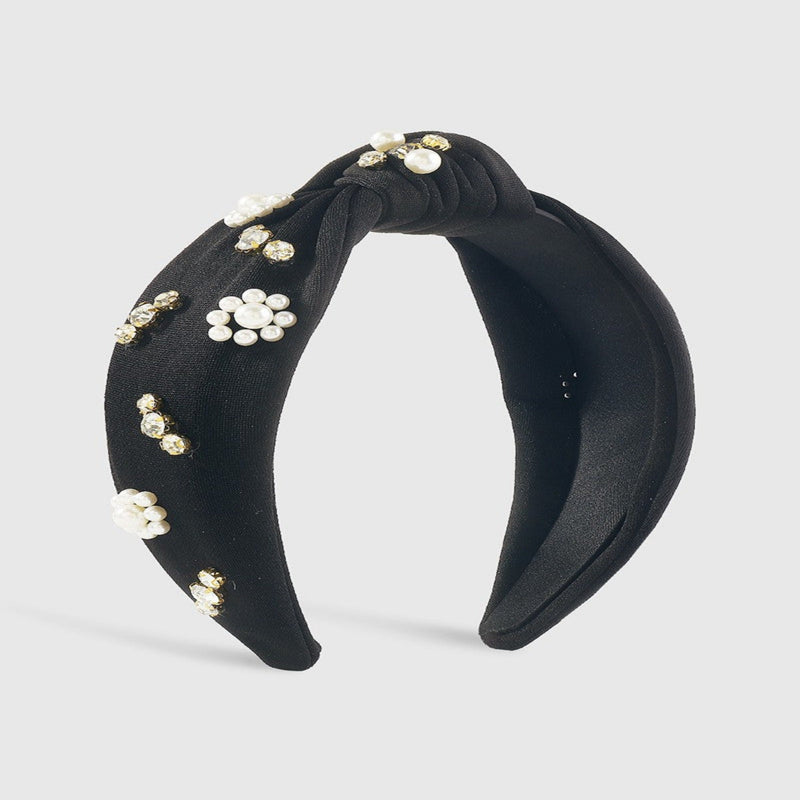 Pearl Rhinestone Flower Knotted Headband - Black