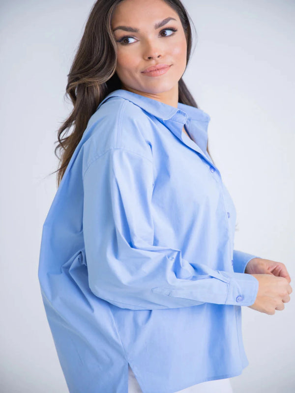 Karlie Oversized Button Up Top - Blue