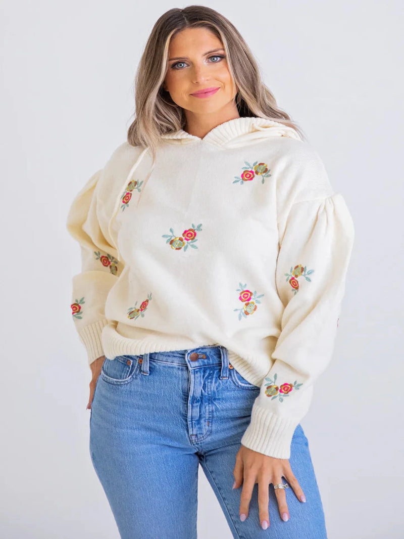 Karlie Floral Novelty Sweater Hoodie - Ivory