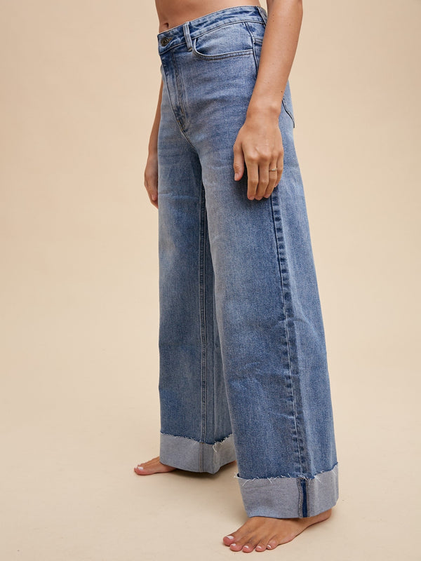 The 90's High Rise Cuffed Straight Leg Jeans - Medium Indigo