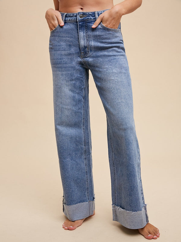 The 90's High Rise Cuffed Straight Leg Jeans - Medium Indigo