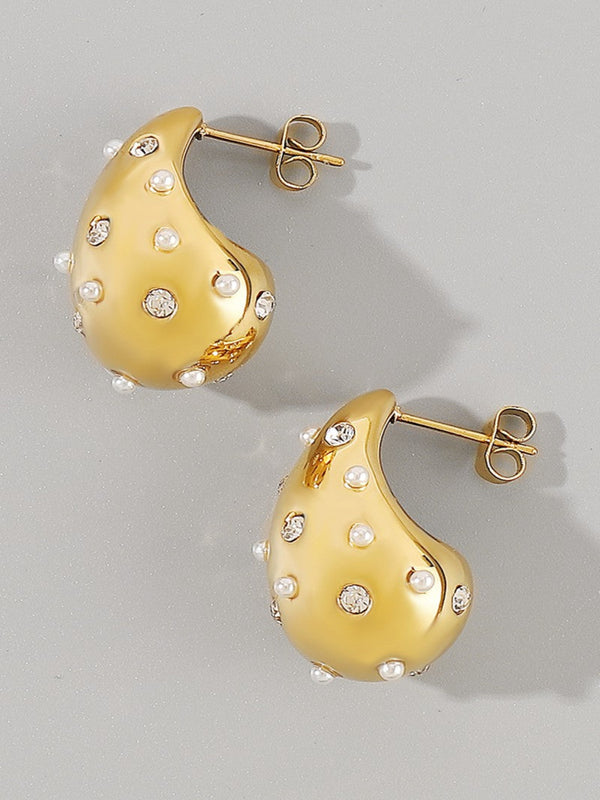 Rhinestone Pearl Drop Earrings - Gold