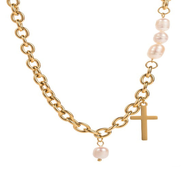 Stainless Steel Pearl Cross Heart Pendant Necklace - Gold