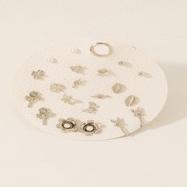 Full Display Pad Studs And Hoops Earrings Set - Silver