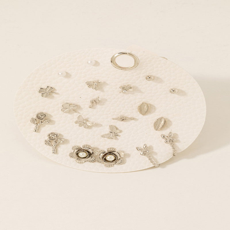 Full Display Pad Studs And Hoops Earrings Set - Silver