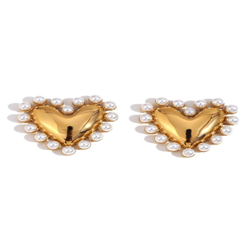 Vintage Pearl Chunky Heart Stud Earrings - Gold