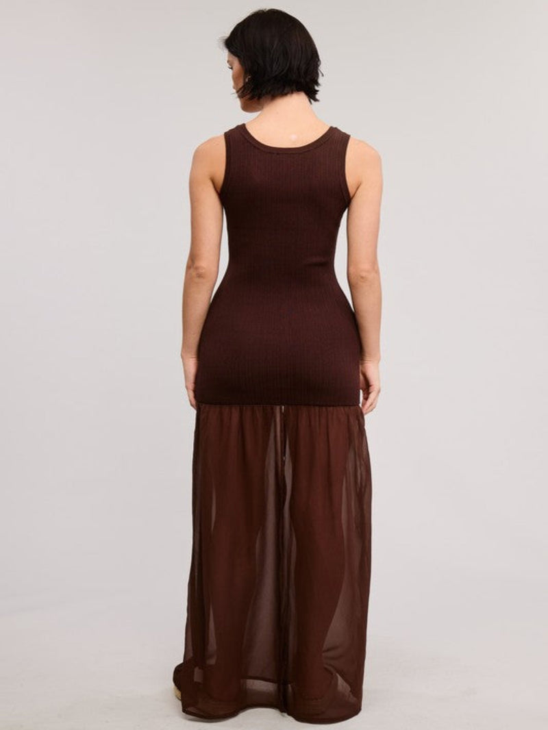 Sheer Contrast Maxi Dress - Brown