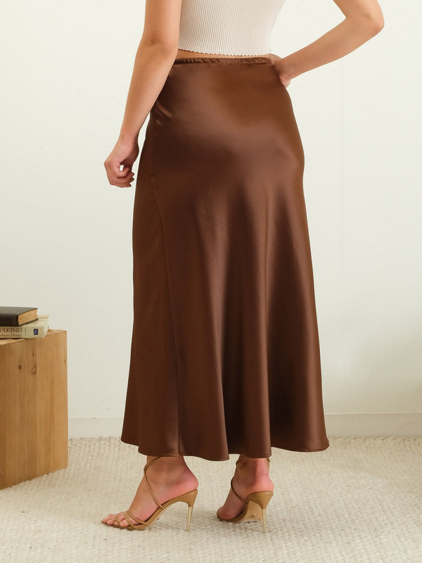 Silky Dreams Satin Slip Midi Skirt - Brown