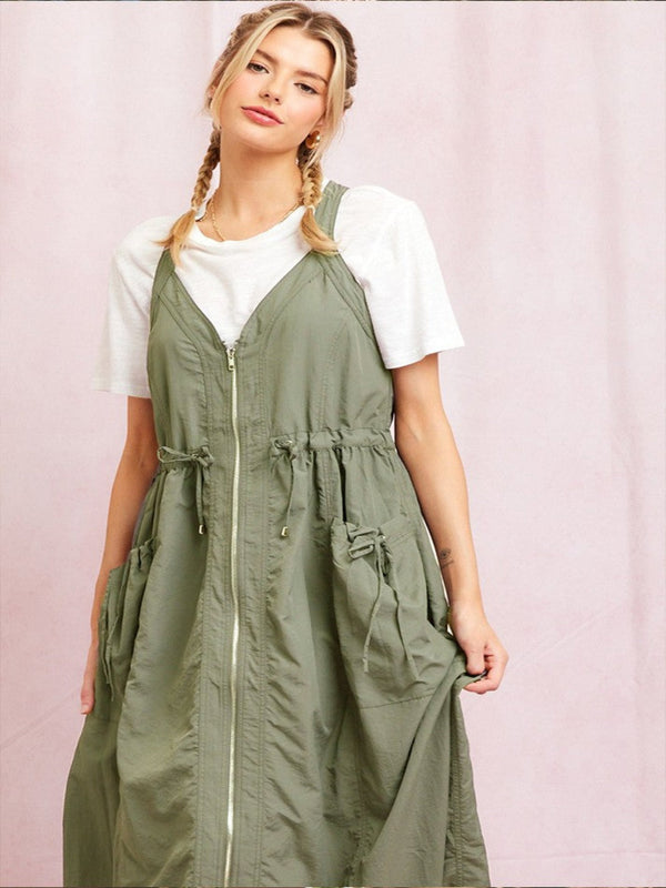 The Cargo Flowy Zip Midi Dress - Olive