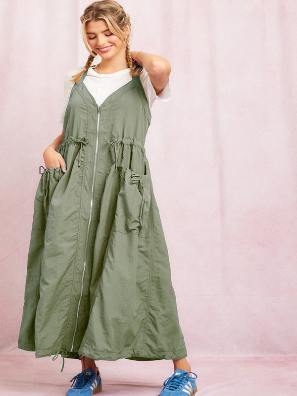 The Cargo Flowy Zip Midi Dress - Olive