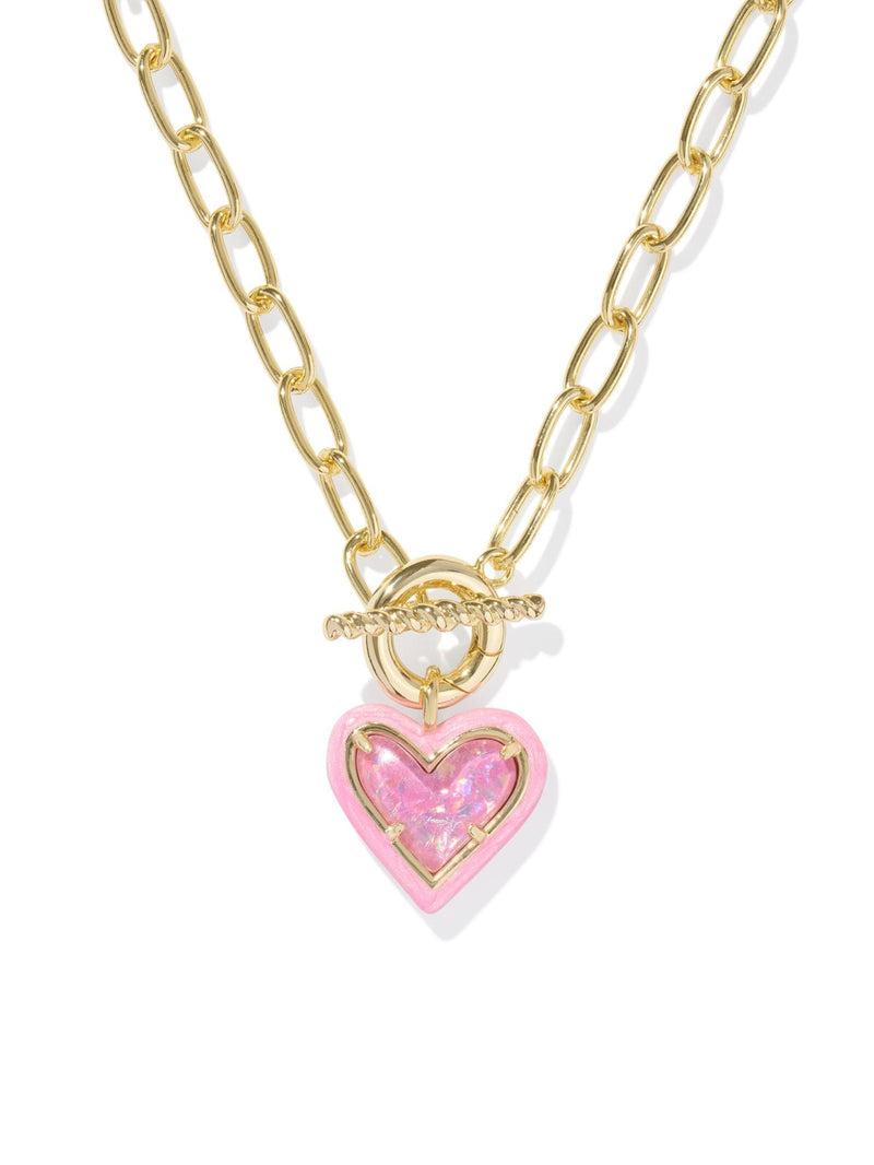 Ari Heart Enamel Frame Link And Chain Necklace - Gold Pink Iridescent Glitter Glass