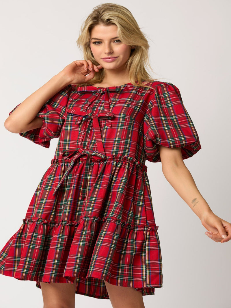 Christmas Bubble Sleeve Mini Dress - Red Plaid