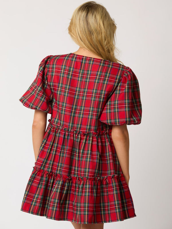 Christmas Bubble Sleeve Mini Dress - Red Plaid