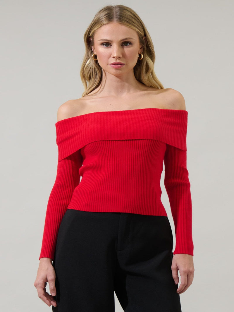 Holiday Charm Off The Shoulder Sweater - Red