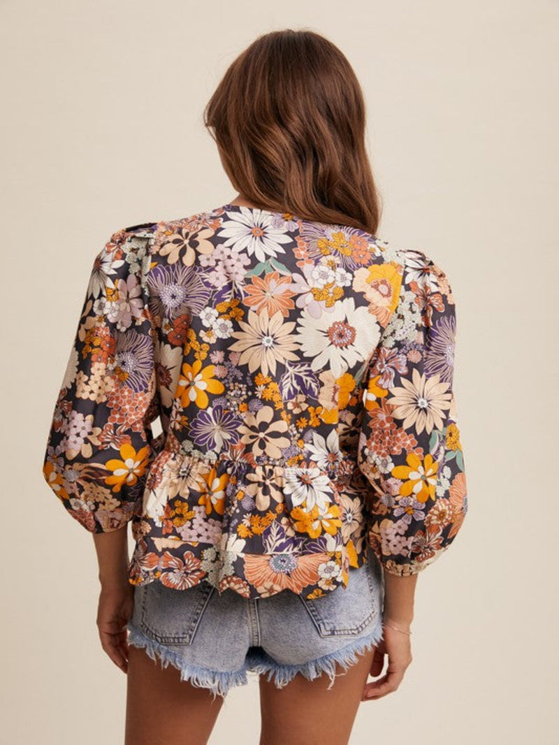 Babydoll Floral Print Blouse - Charcoal