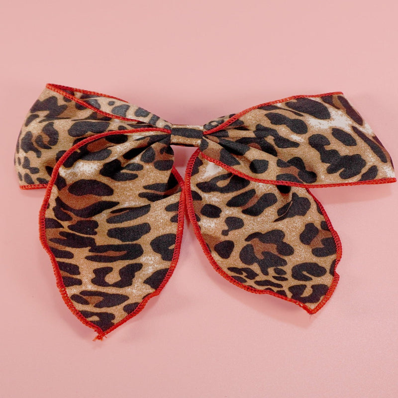 Animal Print Red Trim Bow Hair Clip - Leopard