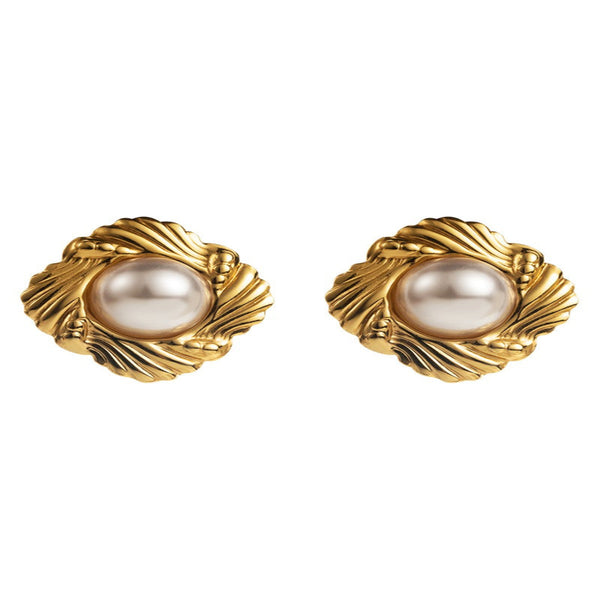 Geometric Pearl Stud Earrings - Gold