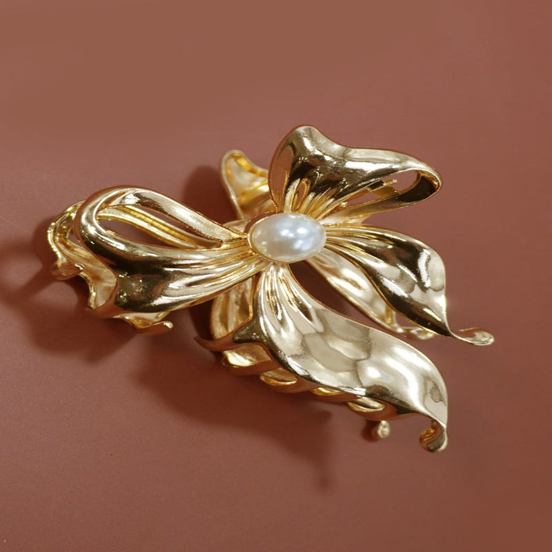 Pearl Bow Alloy Hair Claw Clip - Gold