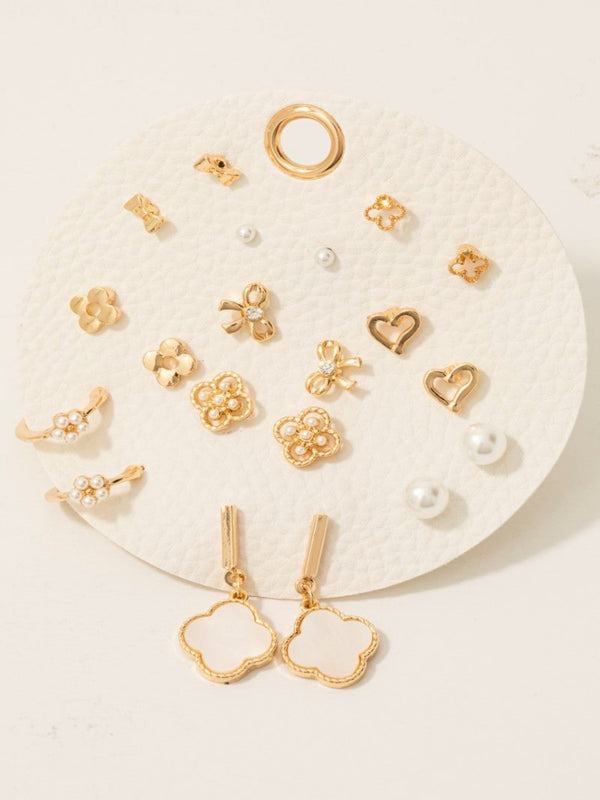 Assorted Heart Bow Flower Earrings Set - Gold