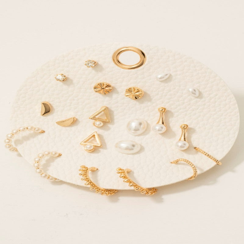 Full Display Pad Studs And Hoops Earrings Set - Gold