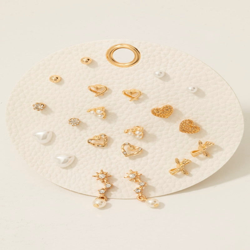 10 Piece Pearl And Bow Earring Set - Gold