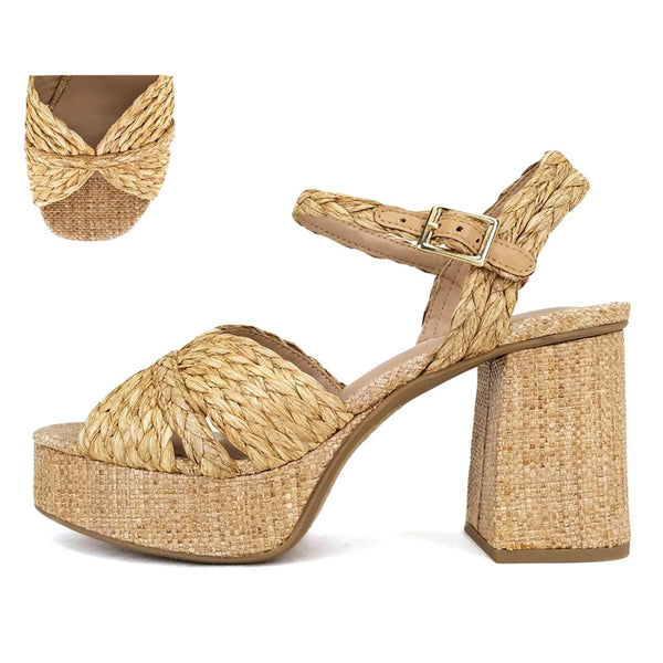 Raffia Platform Heel - Dark Natural