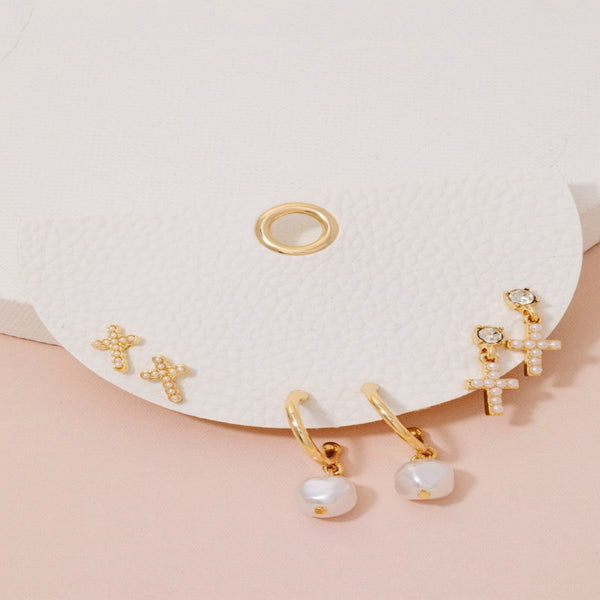 Pearl Pave Cross And Charm Mixed Earrings Set - Gold