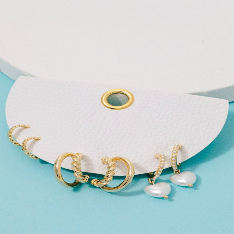 Pearl Heart Charm Mixed Hoop Earrings Set - Gold
