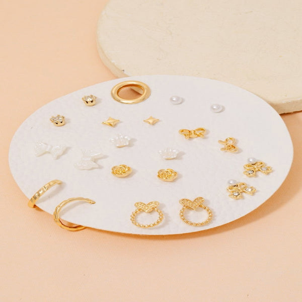 Heart Pearl Bow Butterfly Floral Stud And Hoop Earrings Set - Gold