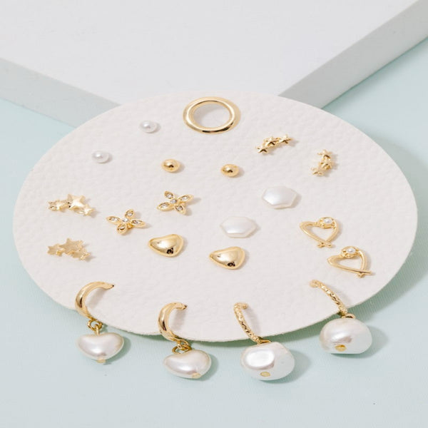 Clover Pearl Hearts Stars Mixed Stud And Hoop Earrings Set - Gold