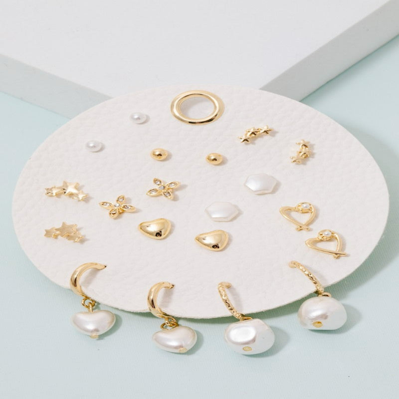Clover Pearl Hearts Stars Mixed Stud And Hoop Earrings Set - Gold
