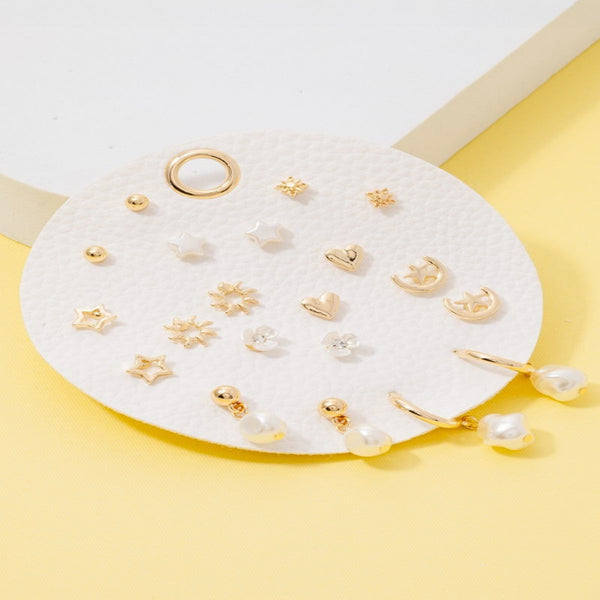 10 Pair Floral And Pearl Mixed Stud Earrings Set - Gold