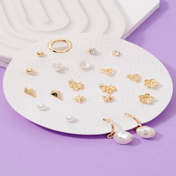 Pearl Hearts And Stars Floral 10 Pair Stud Earrings Set - Gold