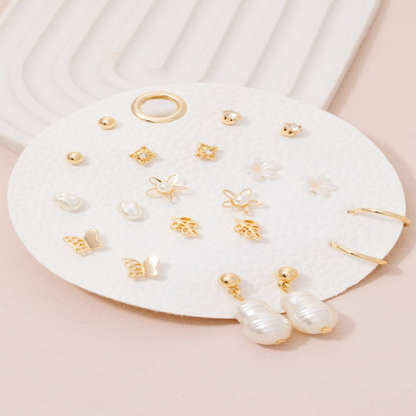 Pearl Floral And Butterfly 10 Pair Stud Earrings Set - Gold
