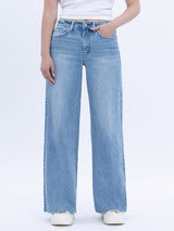 The Victoria High Rise Clean Cut Raw Hem Wide Jeans - Poprock