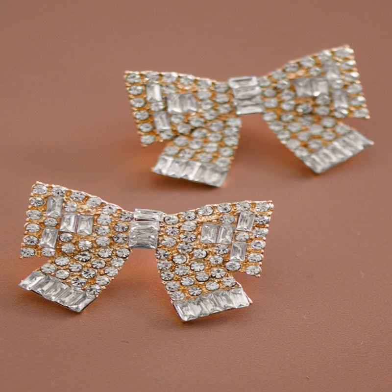 Pave Rhinestone Bow Statement Stud Earrings - Gold