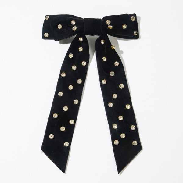 Rhinestone Stud Bow Ribbon Hair Clip - Black