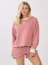 Striped French Terry Lounge Sets - Cream/Brick