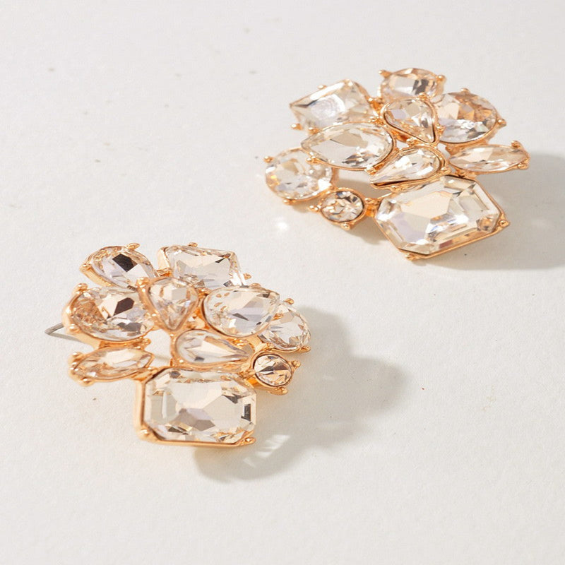 Rhinestone Floral Stud Earrings - Gold