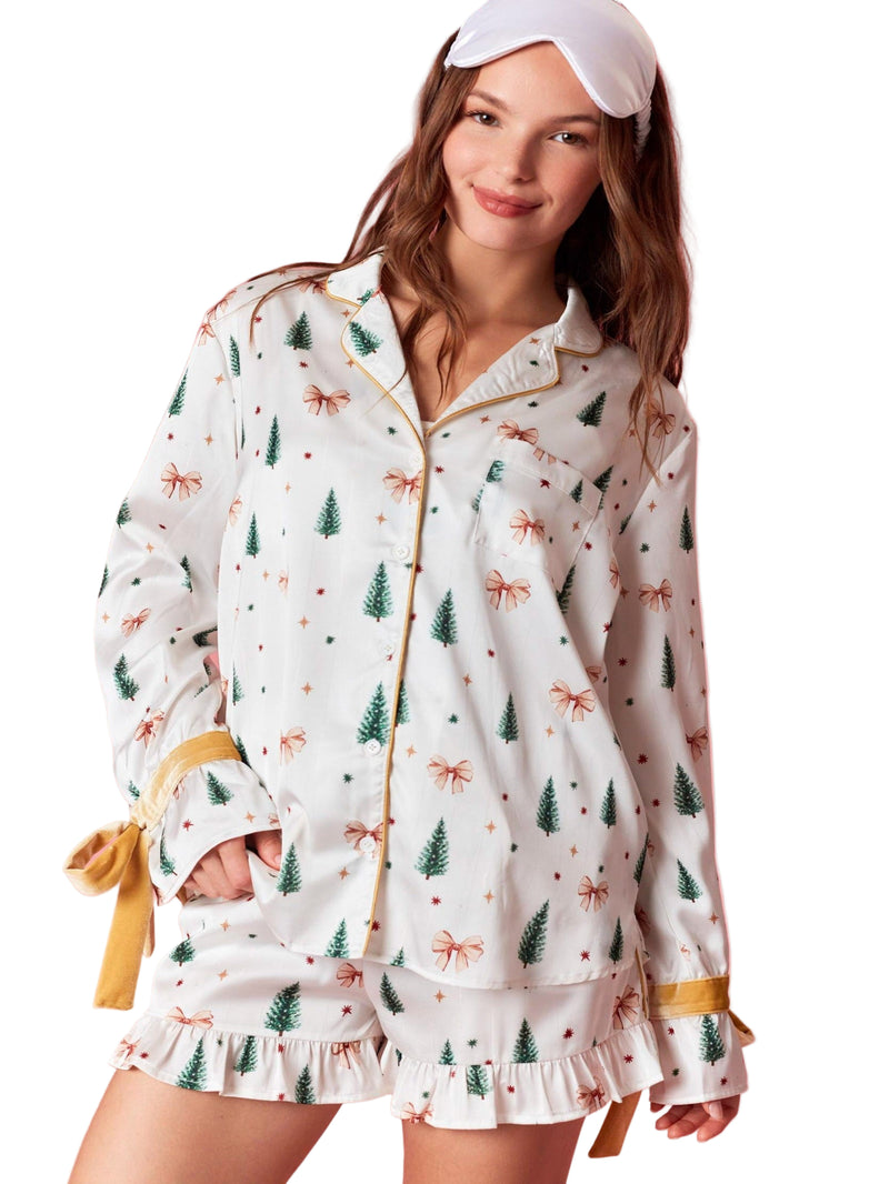Frosted Night Satin PJ Set - Mustard/Off White