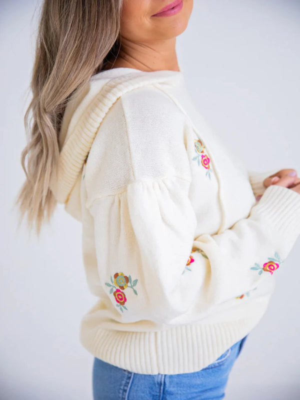 Karlie Floral Novelty Sweater Hoodie - Ivory