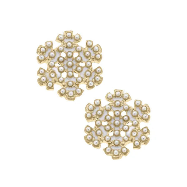 Pearl Studded Enamel Snowflake Earrings - Ivory