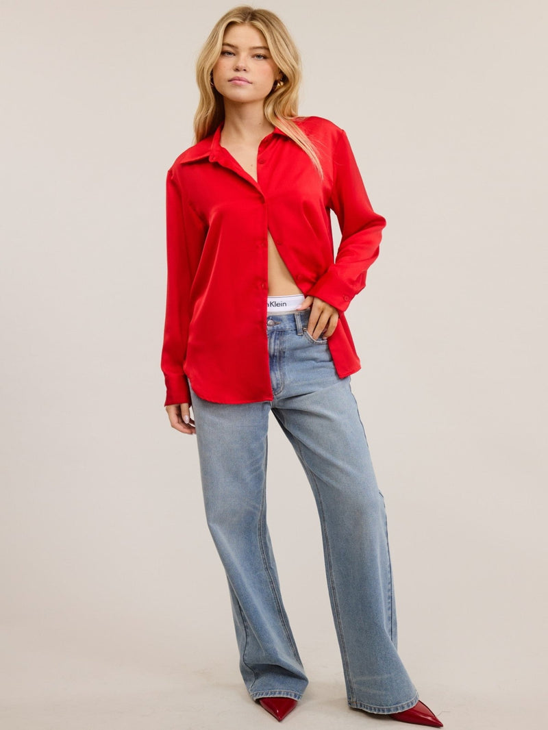 Satin Button Down Long Sleeve Blouse - Red