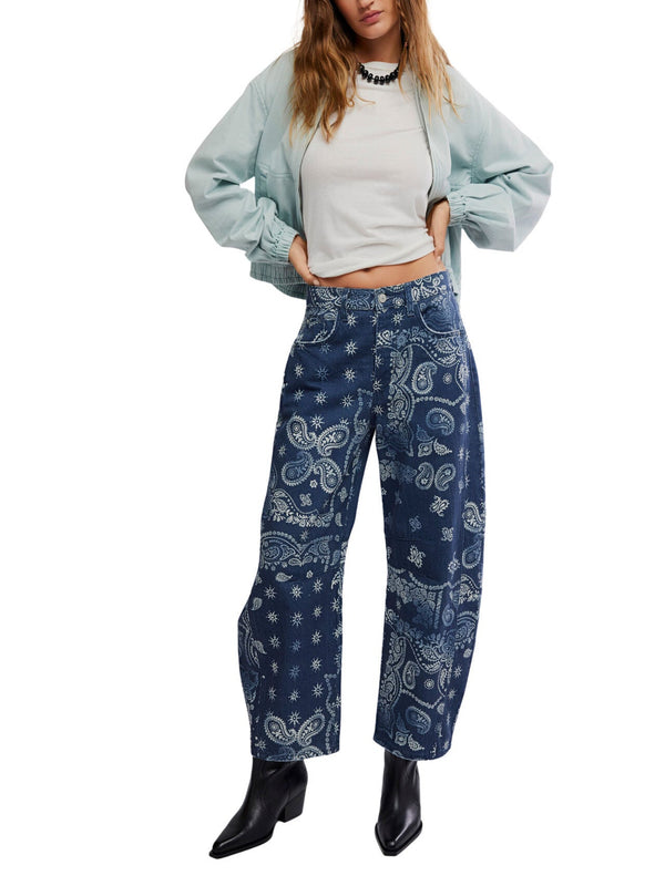 Free People Good Luck Printed Barrel Jeans - Navy Bandana